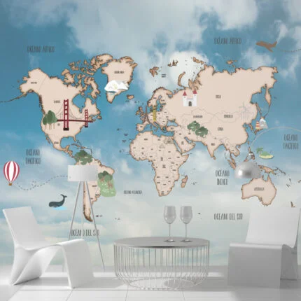 fotomural mapamundi mural de pared retro mapa del mundo sepia - TenVinilo